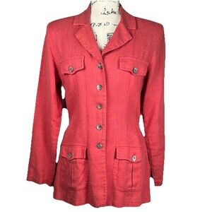 Hillard & Hanson Sz 10 Linen Blend Blazer Long-Sleeve Button-Up Pastel Red